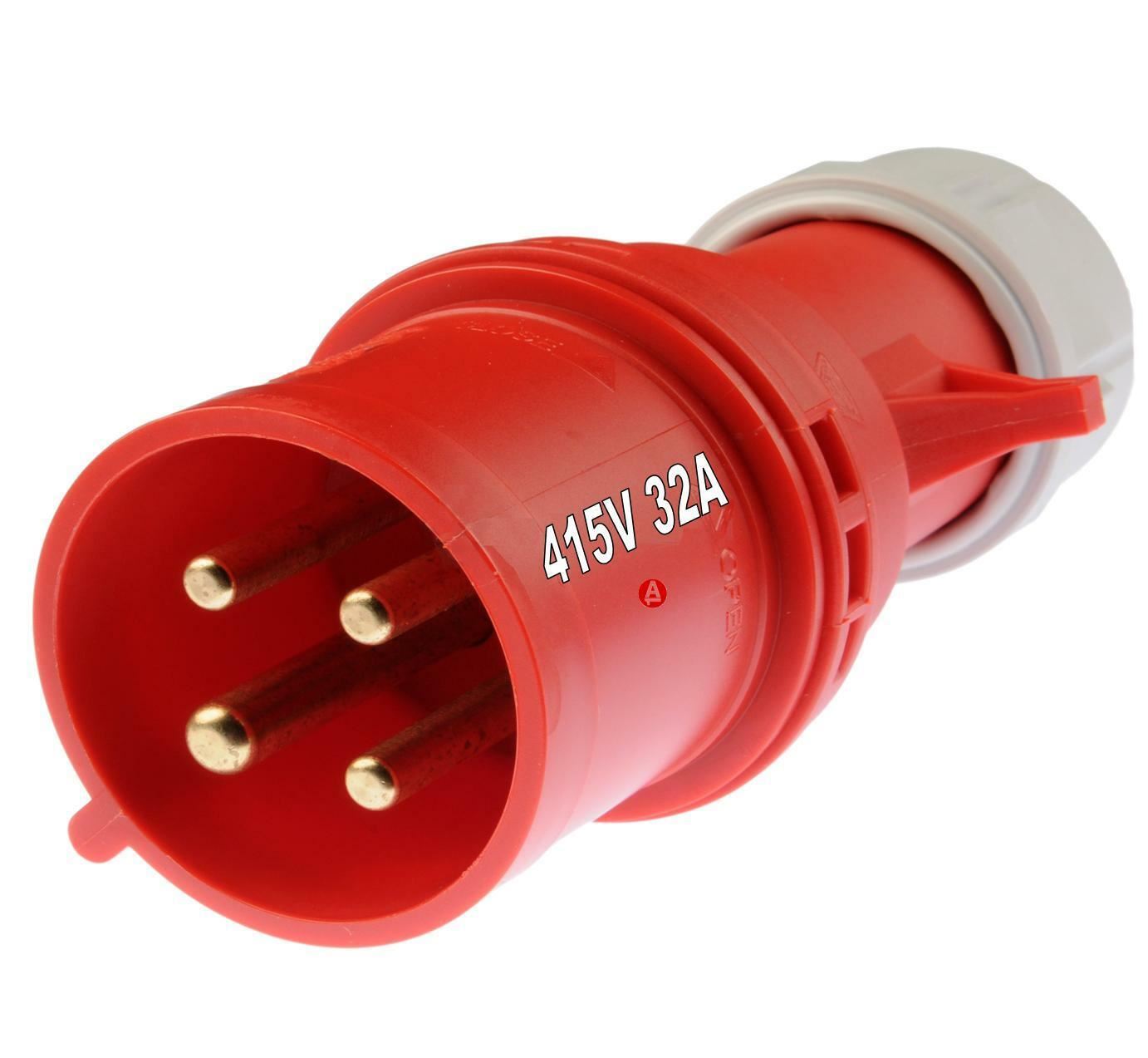 415v 32A 4 Pin Plug Connector Red Workshop Site 3 Phase 32 Amp IP44 Trailing NEW