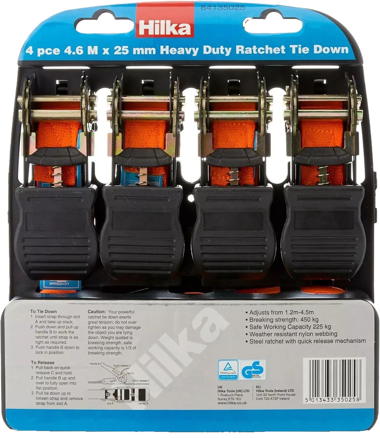 Ratchet Tie Down Strap Set Hilka 84135025 4 Straps 4.5 Metre & Ratchet 450kg NEW