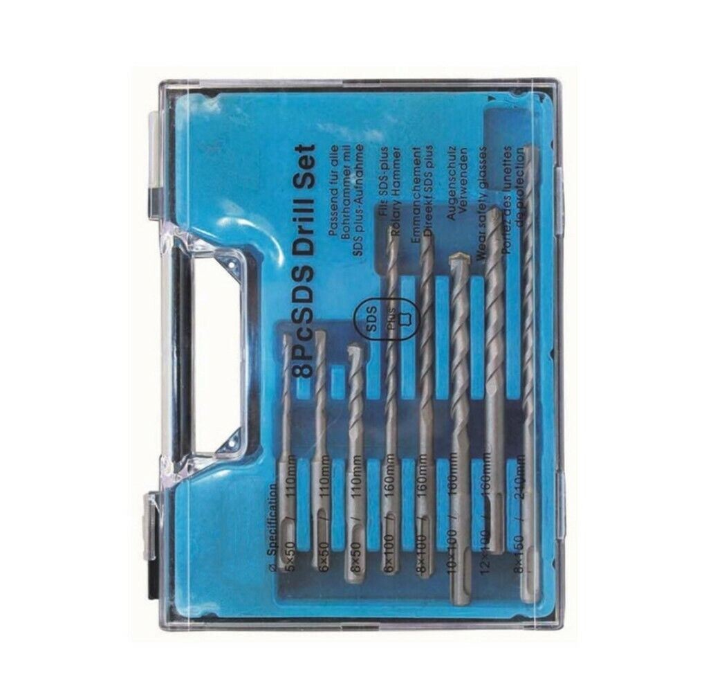 SDS Plus Drill Set & Case 8 Piece PC 5mm 6mm 8mm 10mm 12mm Rotary Hammer