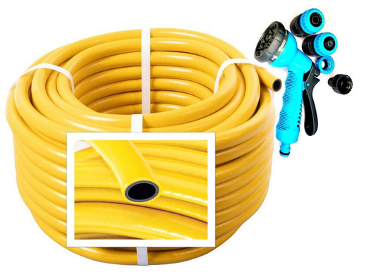 Garden Hose Pipe 50M Spray Nozzle Tap Connector Set Hosepipe Reel 50Metre Yellow