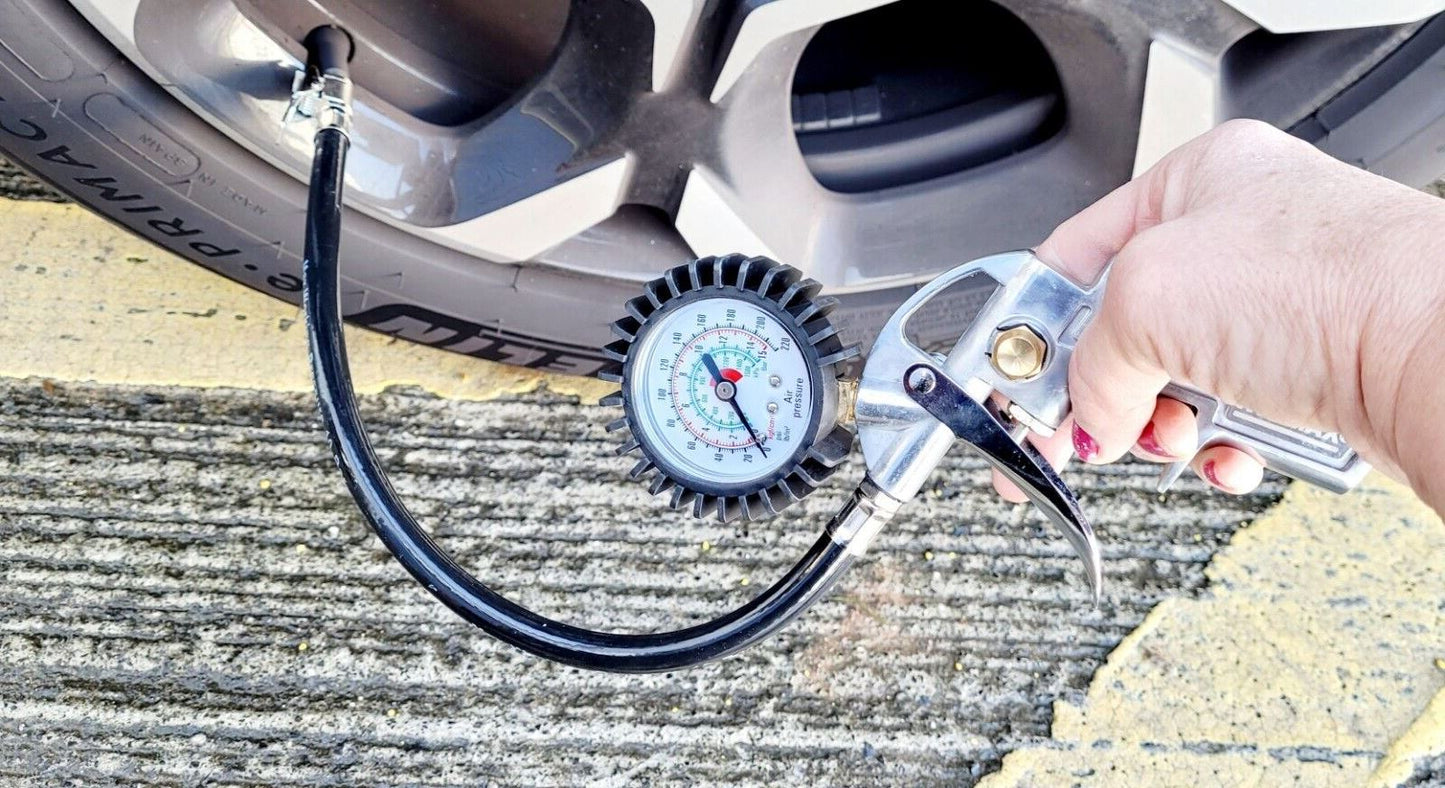 Tyre Inflator Pressure Gauge For Compressor Air Tool Car Truck Push On Hose