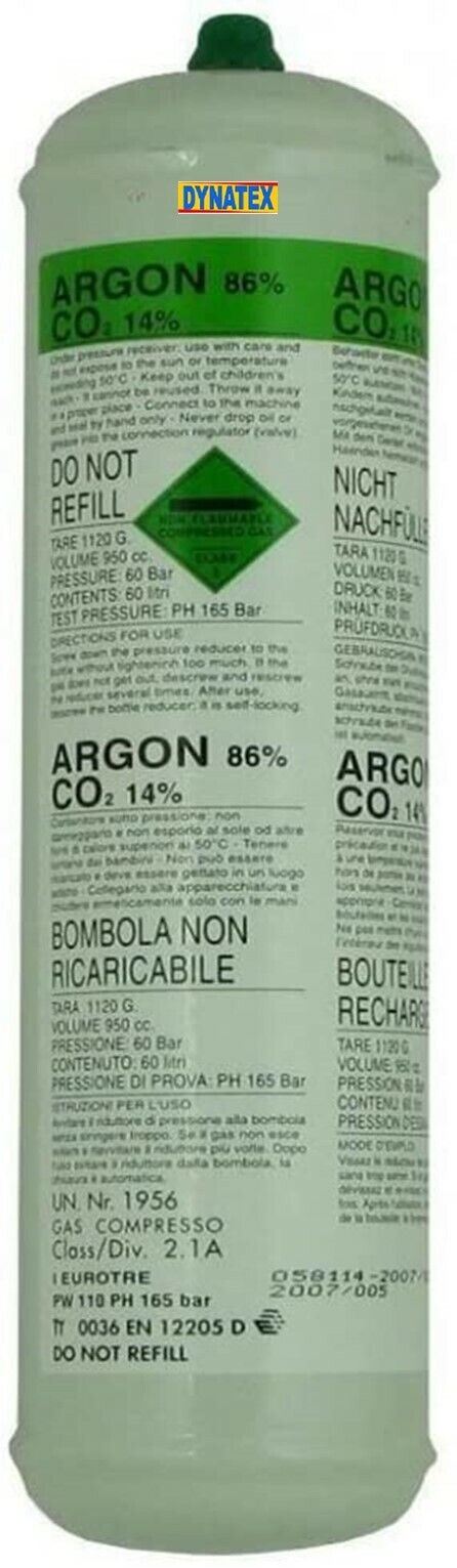 Argon CO2 Disposable Welder Gas Bottle 60 Litre Gasless Mig For Mini Regulator